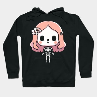 Cute Kawaii Skeleton Girl with a Flower Band | Cute Halloween Design for Girls Hoodie